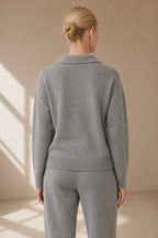 Polo knit set with soft knit pullover and high-waist harem pants, view 18