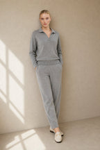 Polo knit set with soft knit pullover and high-waist harem pants, view 20