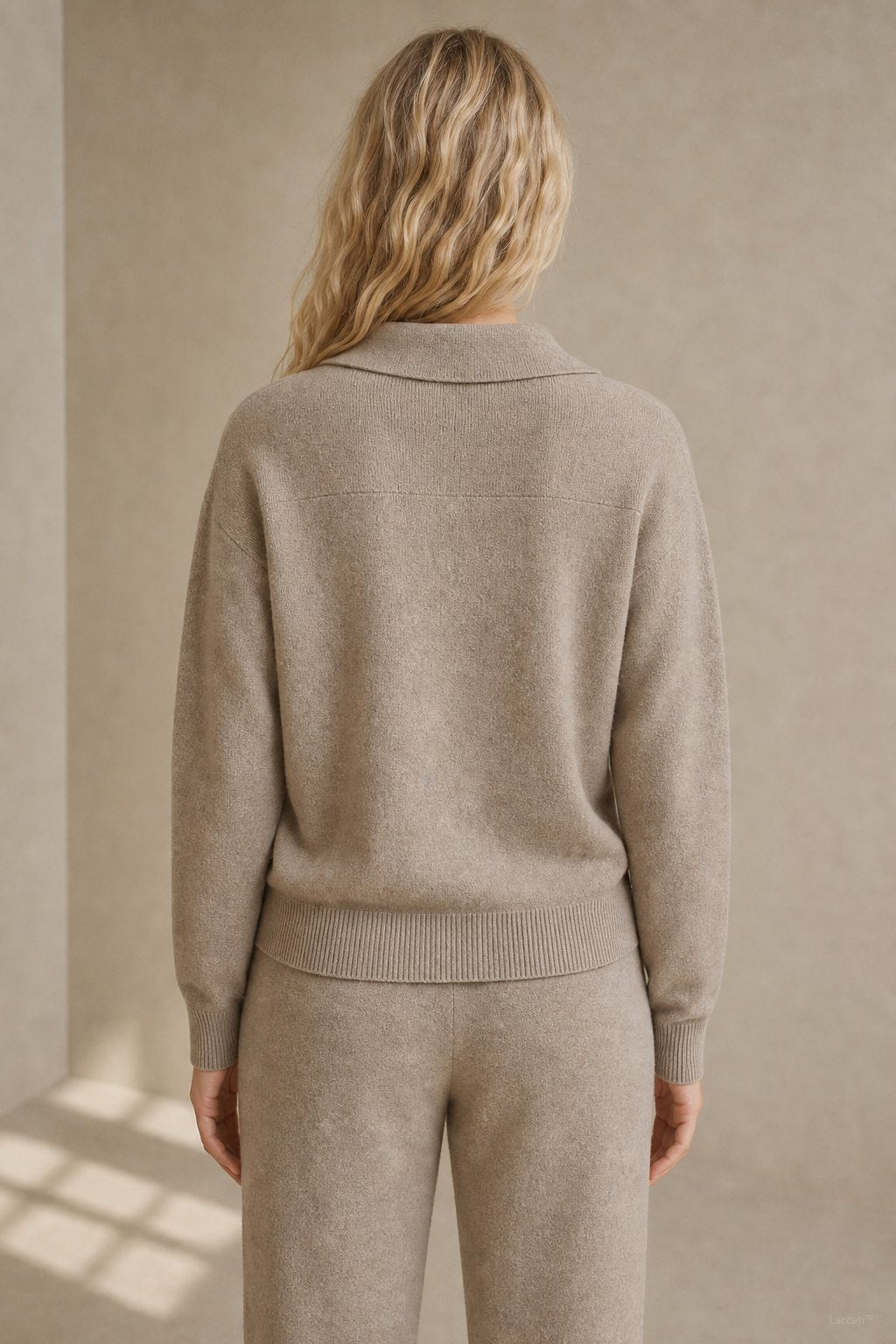 Polo knit set with soft knit pullover and high-waist harem pants, view 3