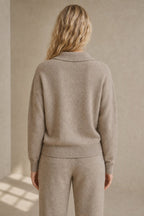 Polo knit set with soft knit pullover and high-waist harem pants, view 3