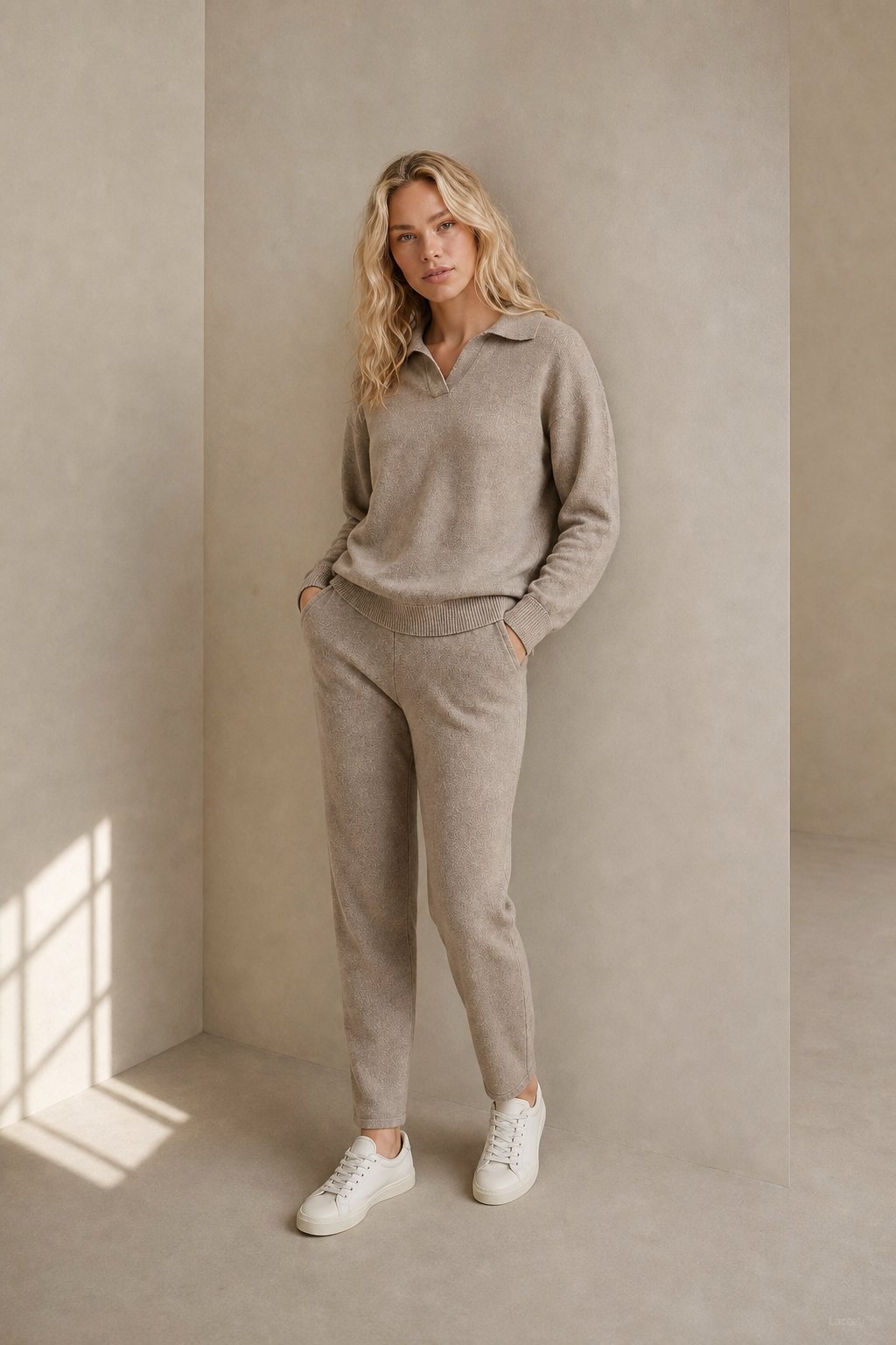 Polo knit set with soft knit pullover and high-waist harem pants, view 5