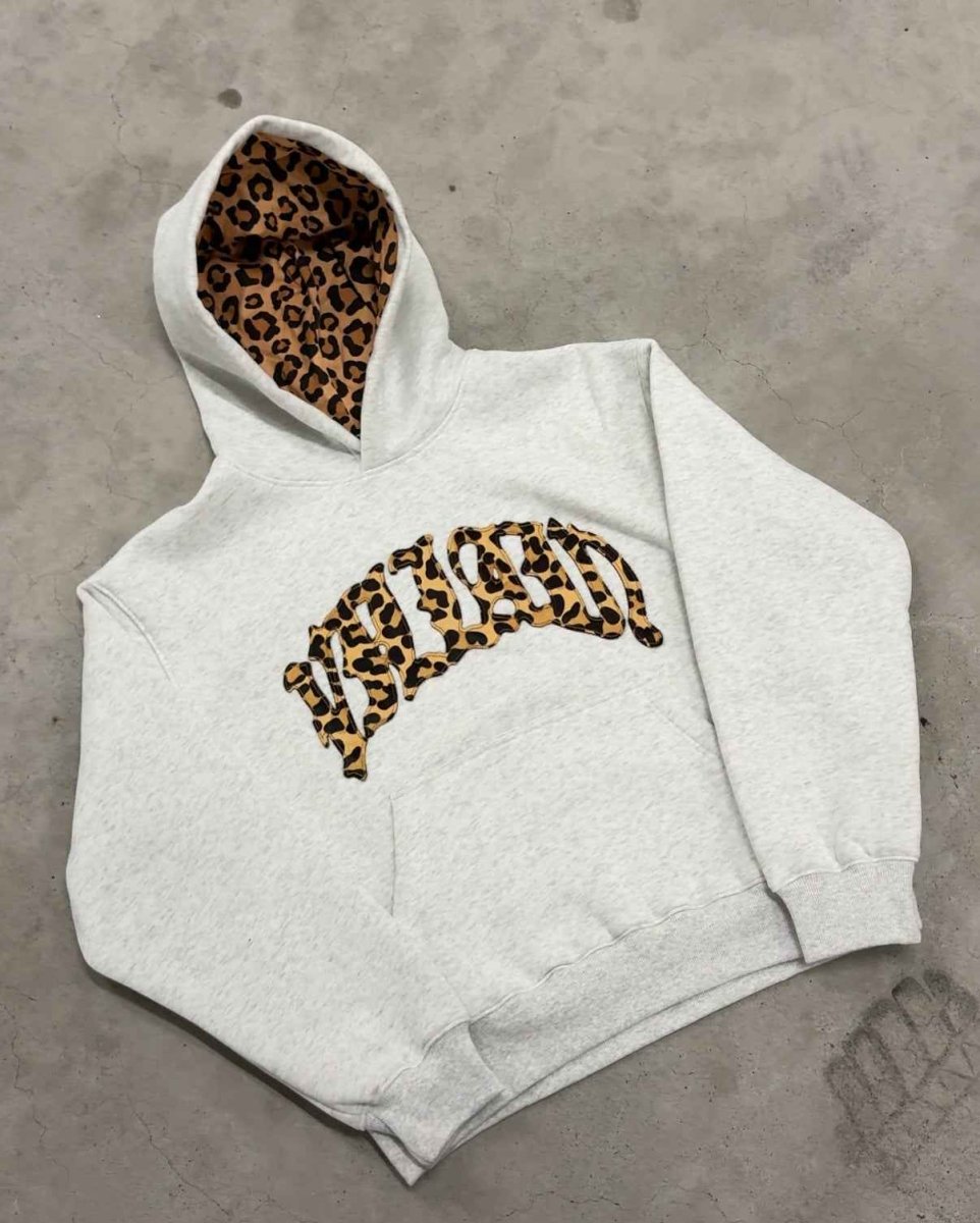 Leopard print hoodie with kangaroo pocket, back view