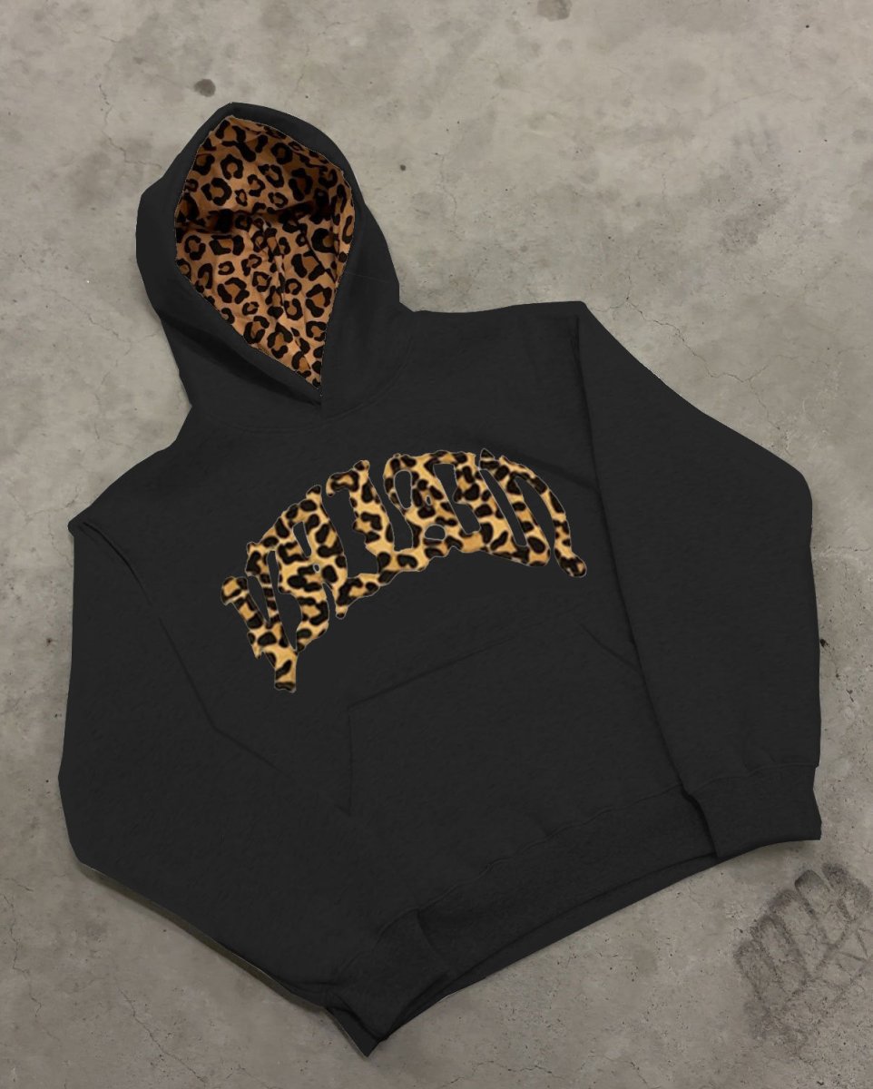Leopard print hoodie with animal print hood lining, detail view