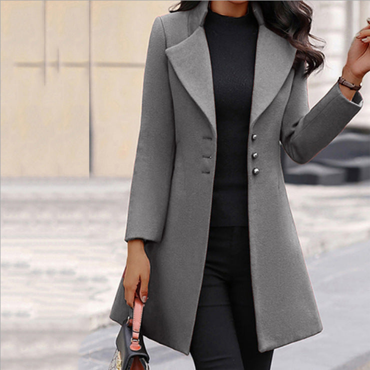 Grey wool-blend coat with stand collar and slim tailored fit, elegant winter outerwear