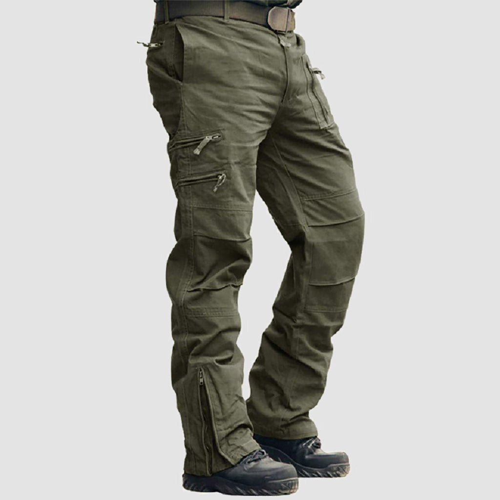 Ripstop tactical cargo pants, view of the semi-elasticated waist and zip fly.