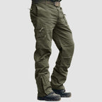 Ripstop tactical cargo pants, view of the semi-elasticated waist and zip fly.