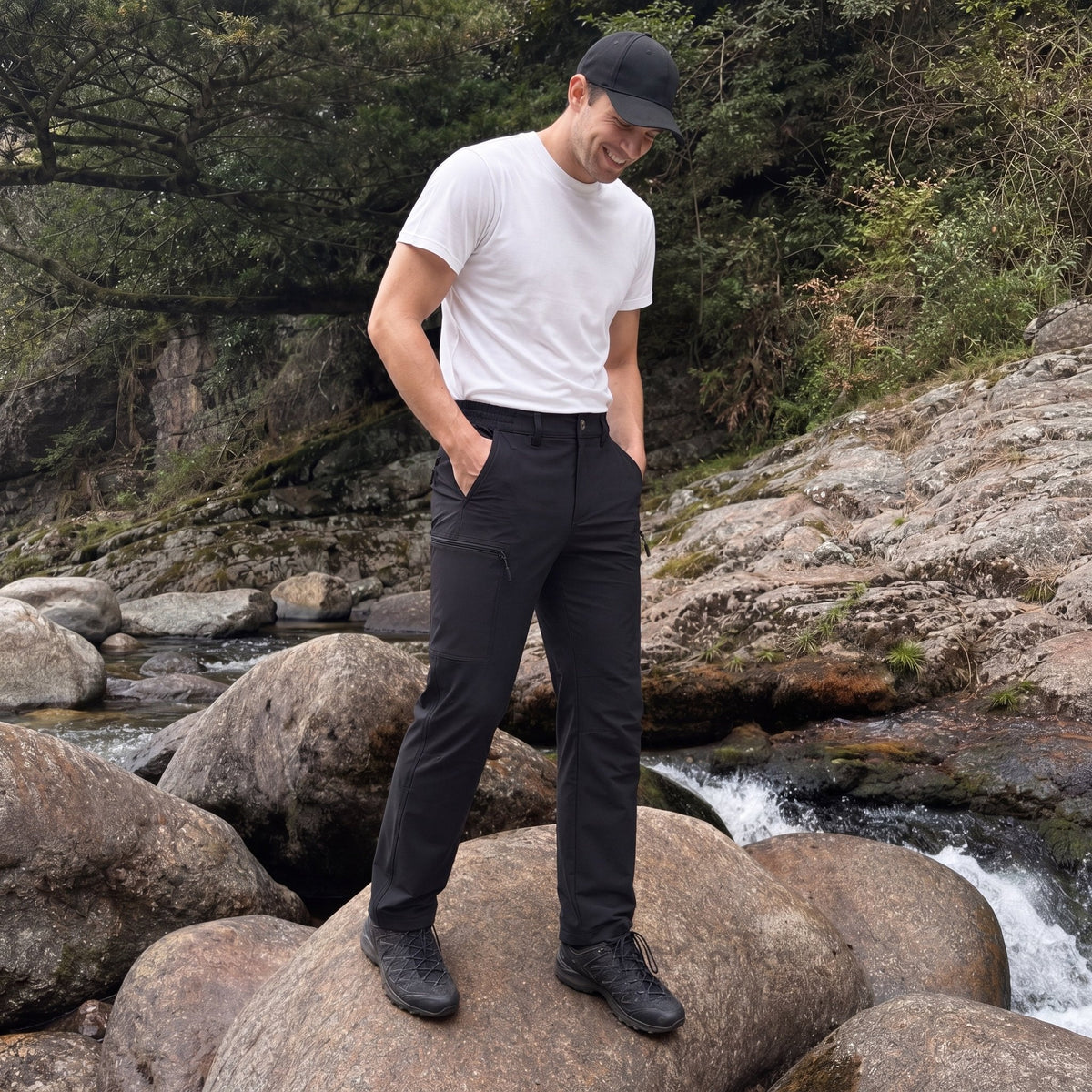 Black ripstop cargo pants with six pockets, water resistant hiking trousers