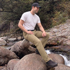 Khaki ripstop cargo pants with six pockets, water resistant hiking trousers