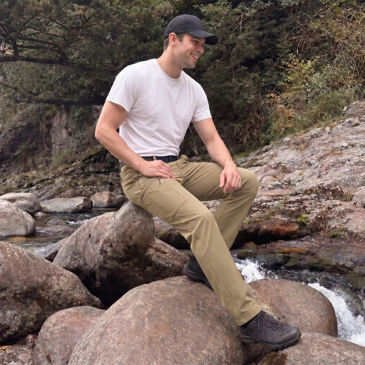 Khaki ripstop cargo pants with six pockets, water resistant hiking trousers