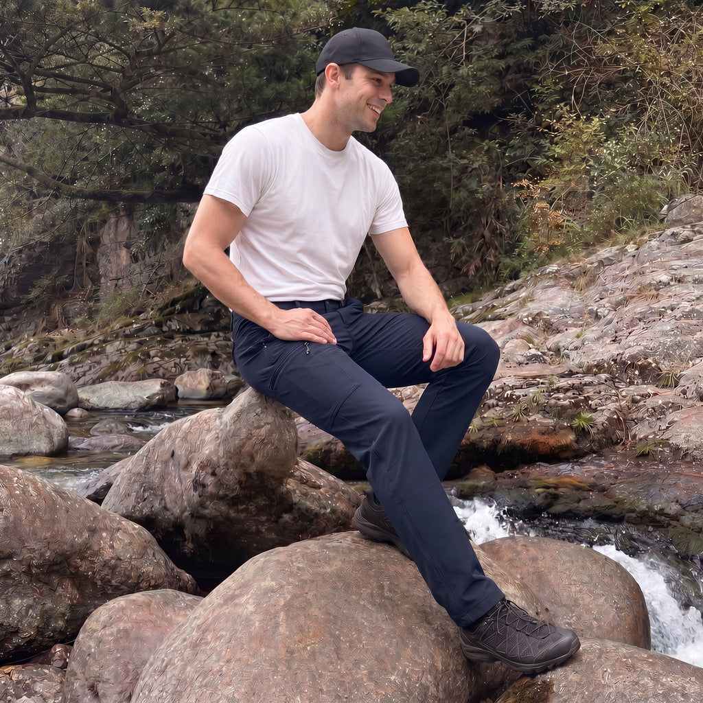 Dark Blue ripstop cargo pants with six pockets, water resistant hiking trousers