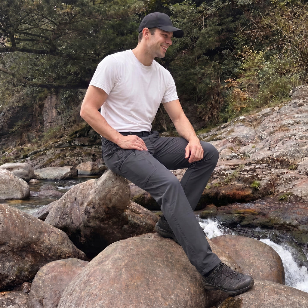 Dark Grey ripstop cargo pants with six pockets, water resistant hiking trousers