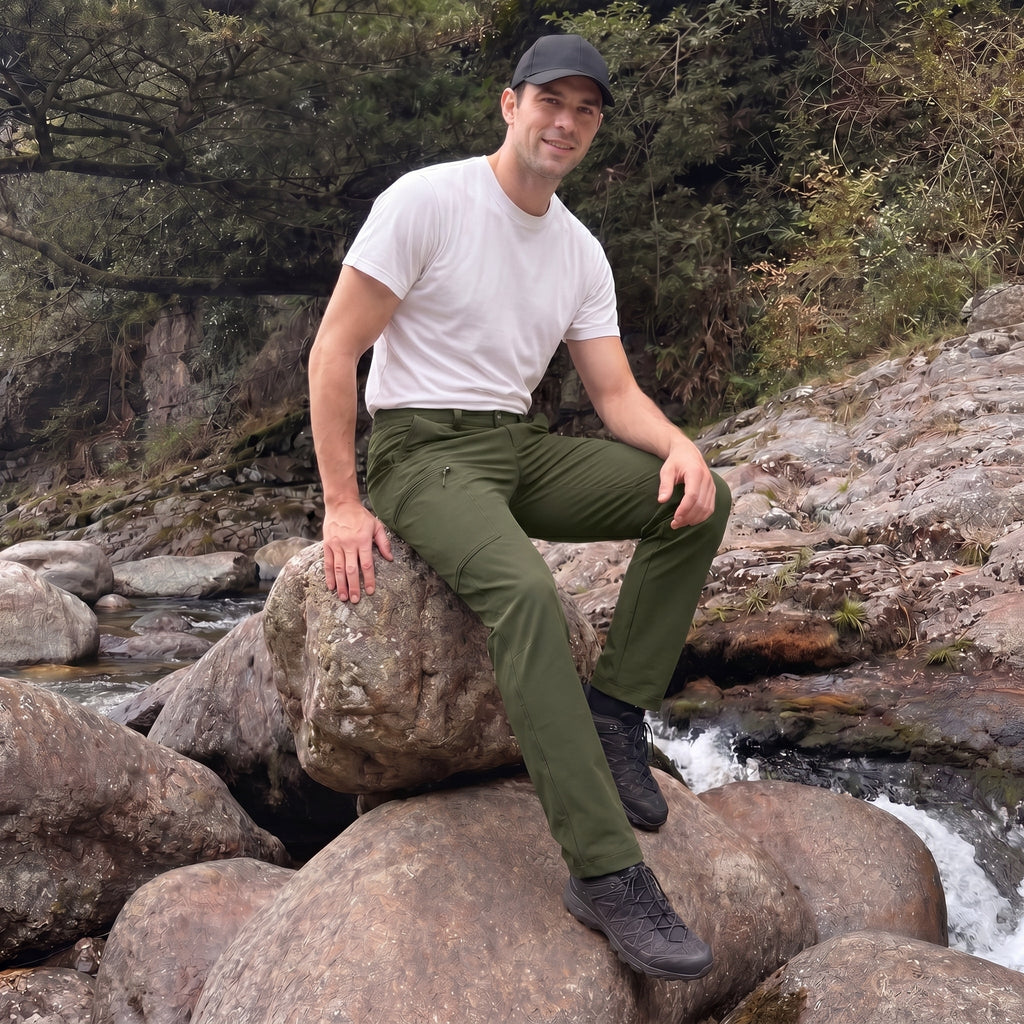Army Green ripstop cargo pants with six pockets, water resistant hiking trousers