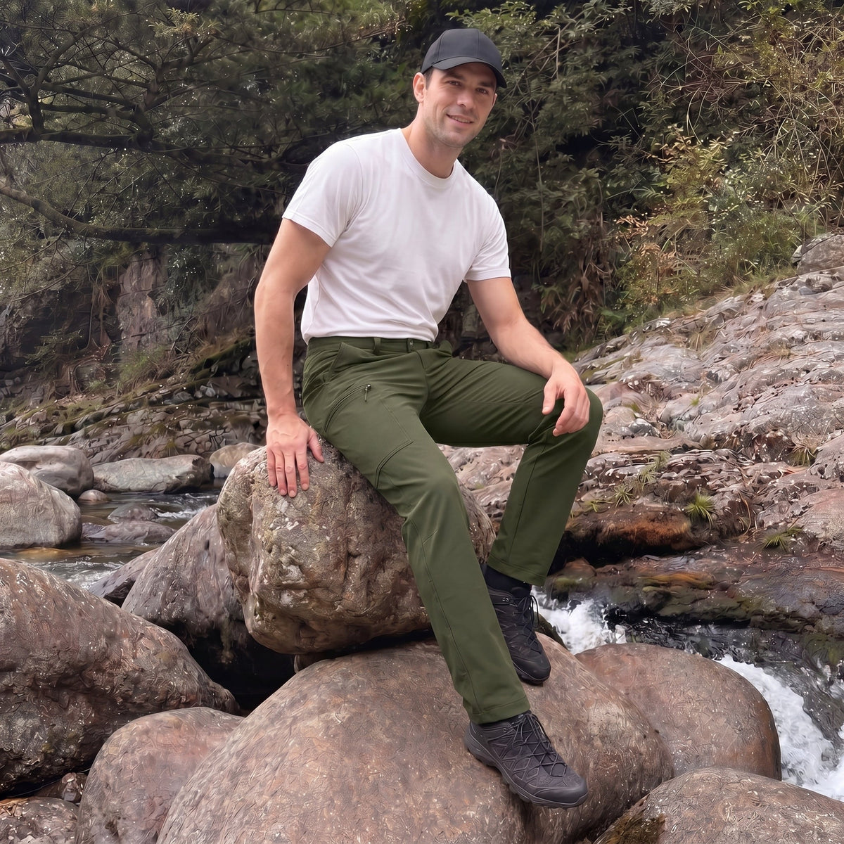 Army Green ripstop cargo pants with six pockets, water resistant hiking trousers