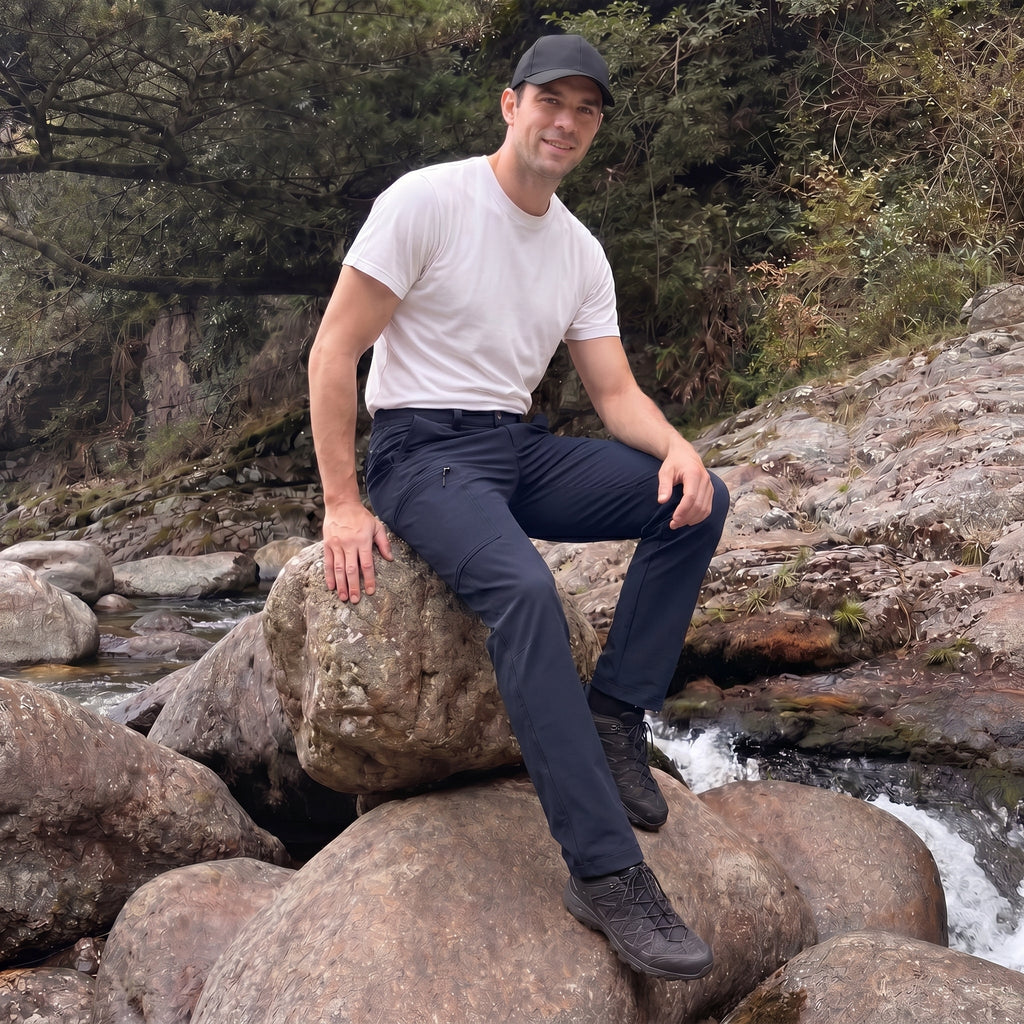 Dark Blue ripstop cargo pants with six pockets, water resistant hiking trousers