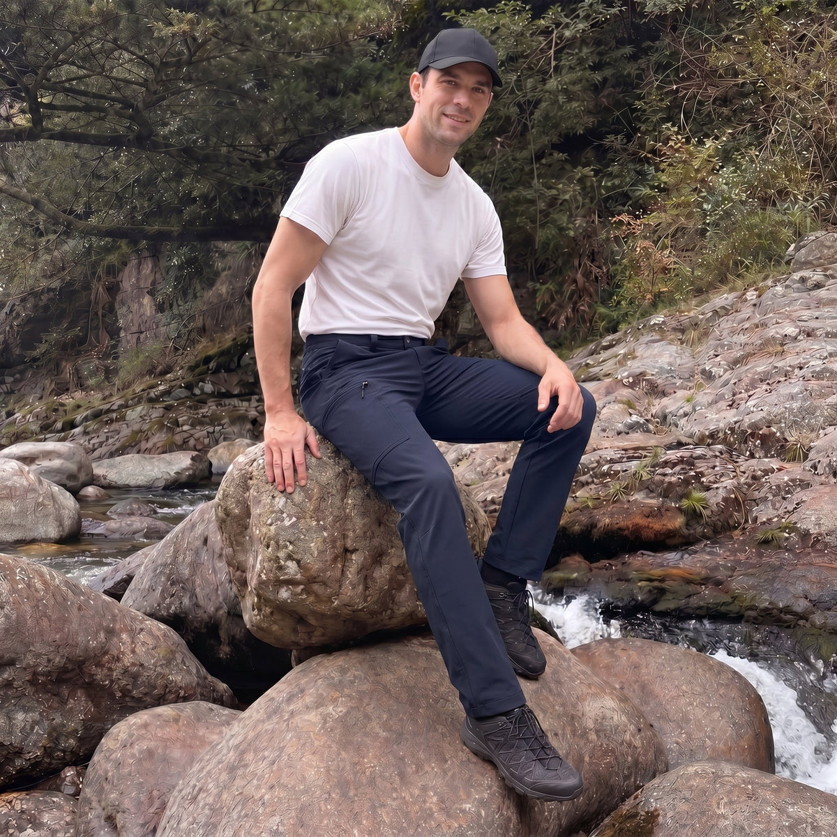 Dark Blue ripstop cargo pants with six pockets, water resistant hiking trousers