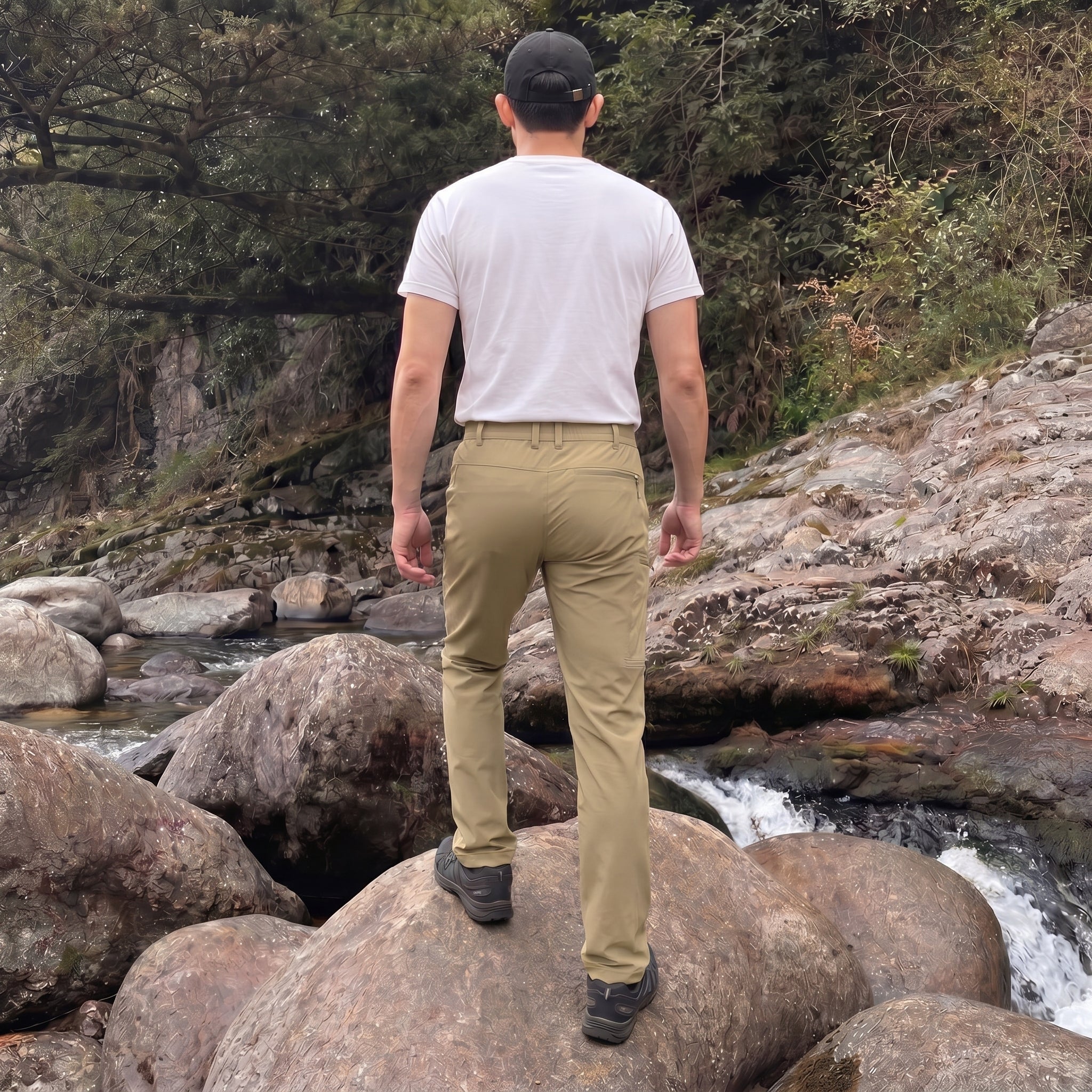 Khaki ripstop cargo pants with six pockets, water resistant hiking trousers