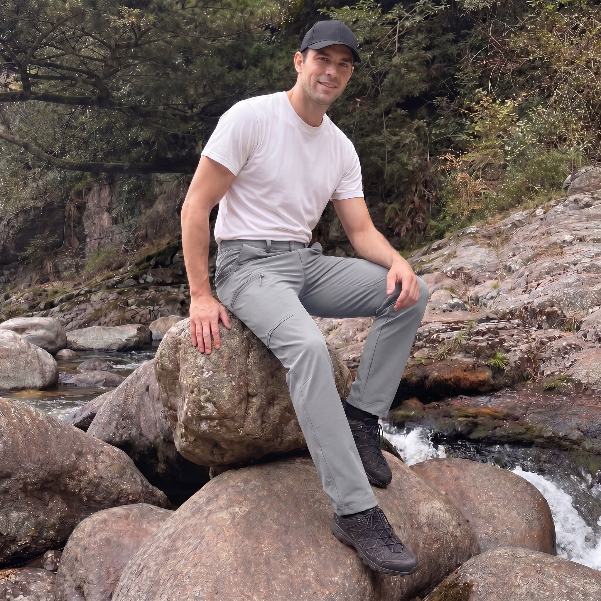 Light Grey ripstop cargo pants with six pockets, water resistant hiking trousers