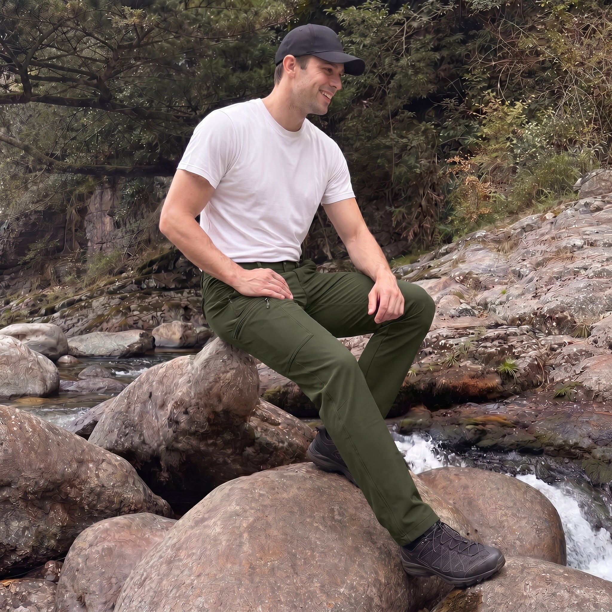 Army Green ripstop cargo pants with six pockets, water resistant hiking trousers