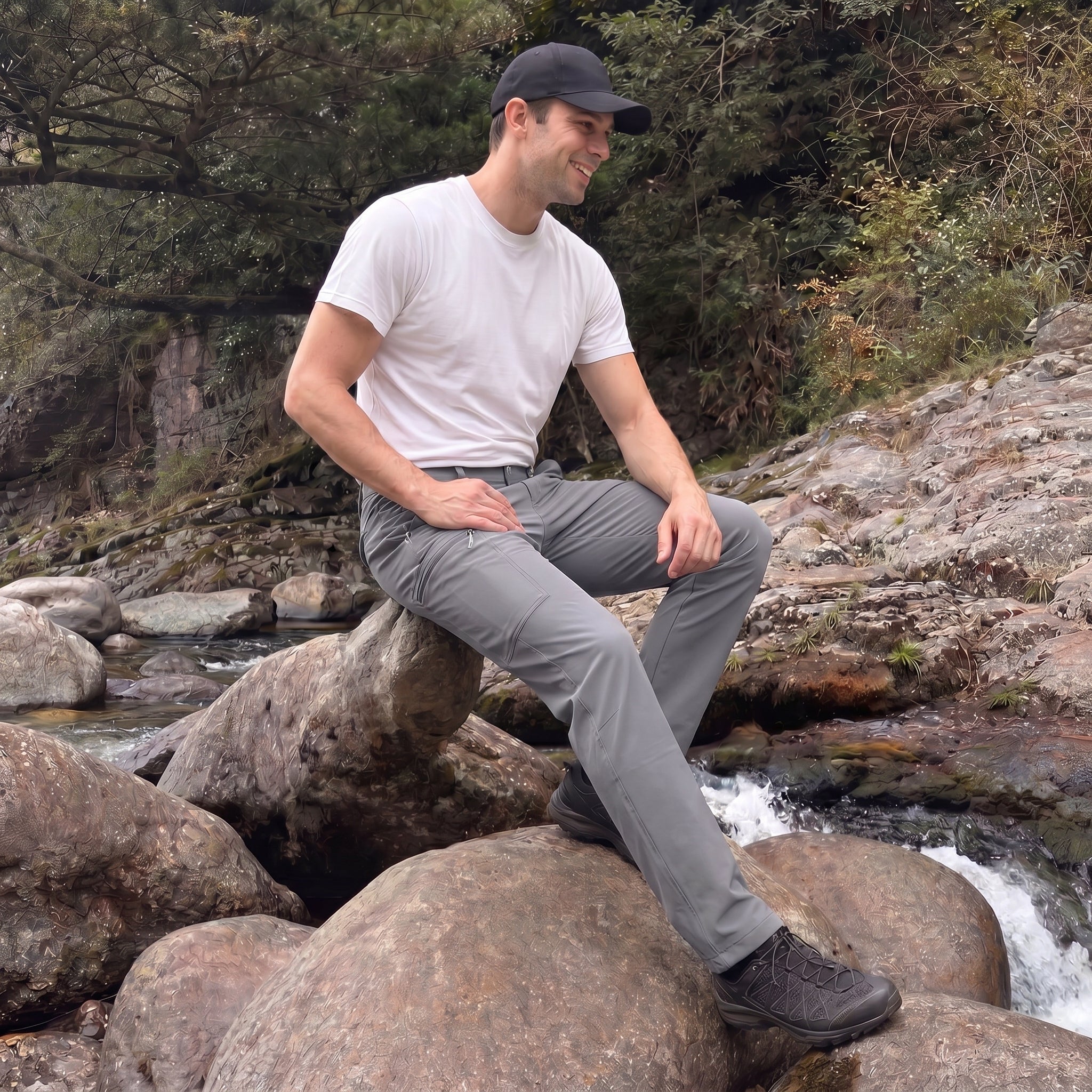 Light Grey ripstop cargo pants with six pockets, water resistant hiking trousers