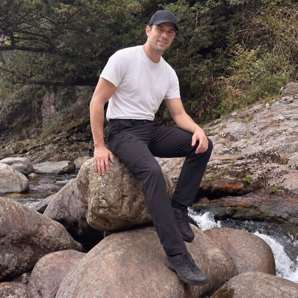 Black ripstop cargo pants with six pockets, water resistant hiking trousers