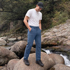 Blue ripstop cargo pants with six pockets, water resistant hiking trousers