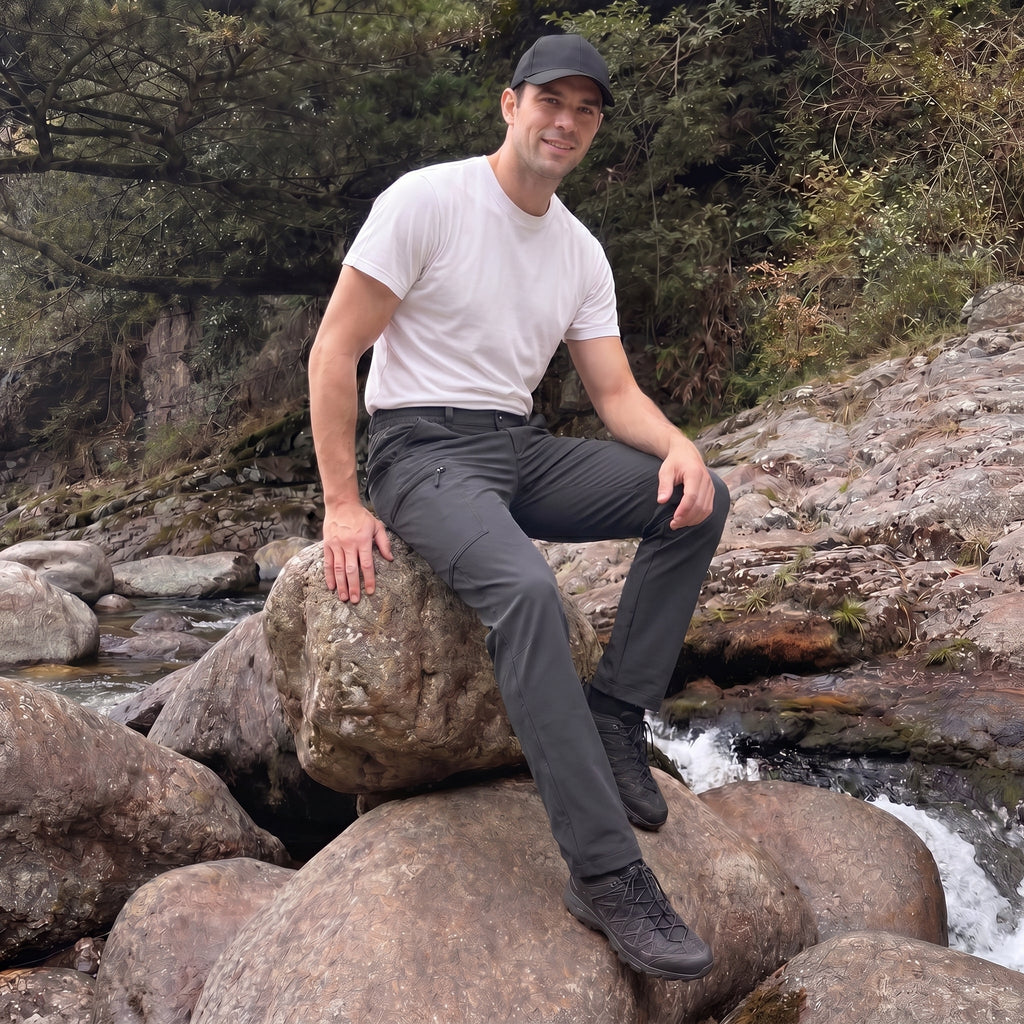 Dark Grey ripstop cargo pants with six pockets, water resistant hiking trousers