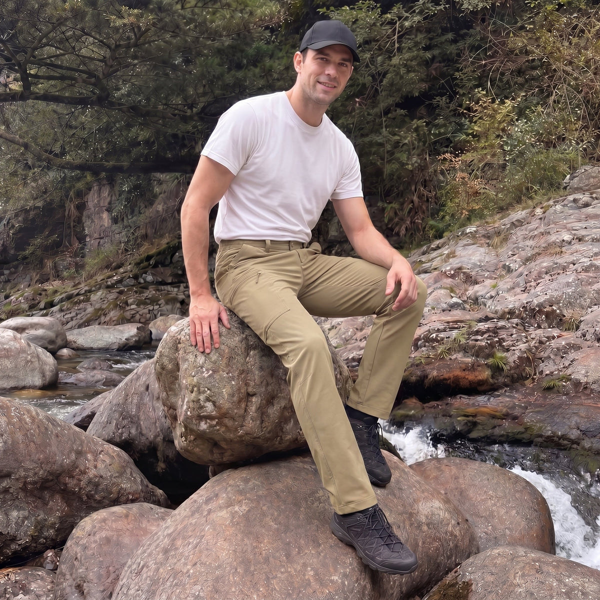 Khaki ripstop cargo pants with six pockets, water resistant hiking trousers