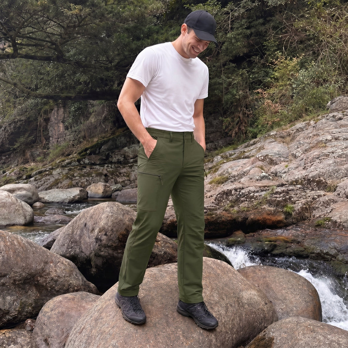 Army Green ripstop cargo pants with six pockets, water resistant hiking trousers