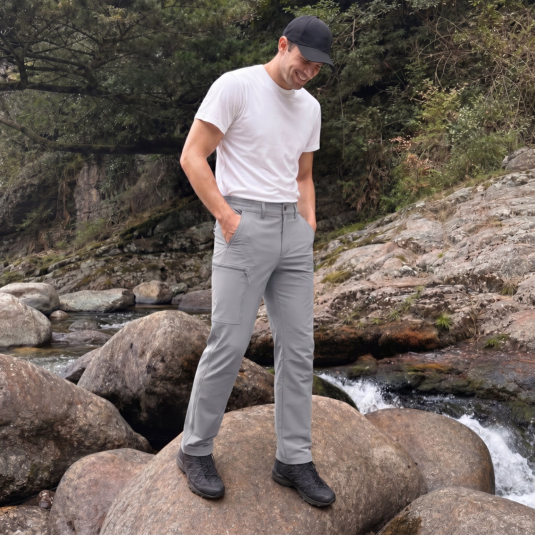 Light Grey ripstop cargo pants with six pockets, water resistant hiking trousers