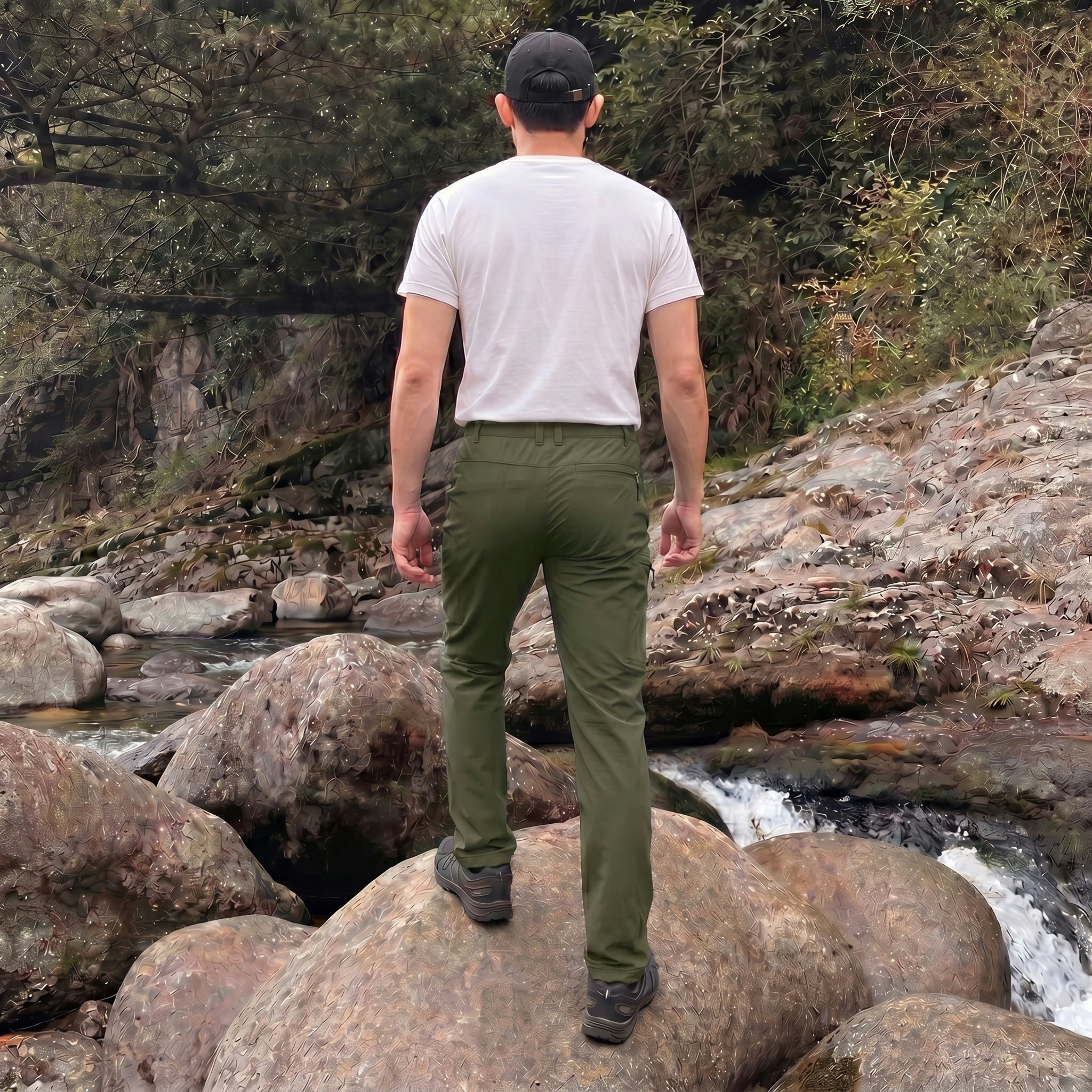 Army Green ripstop cargo pants with six pockets, water resistant hiking trousers