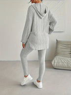 Ribbed knit lounge set with side slits on the hooded top, back view