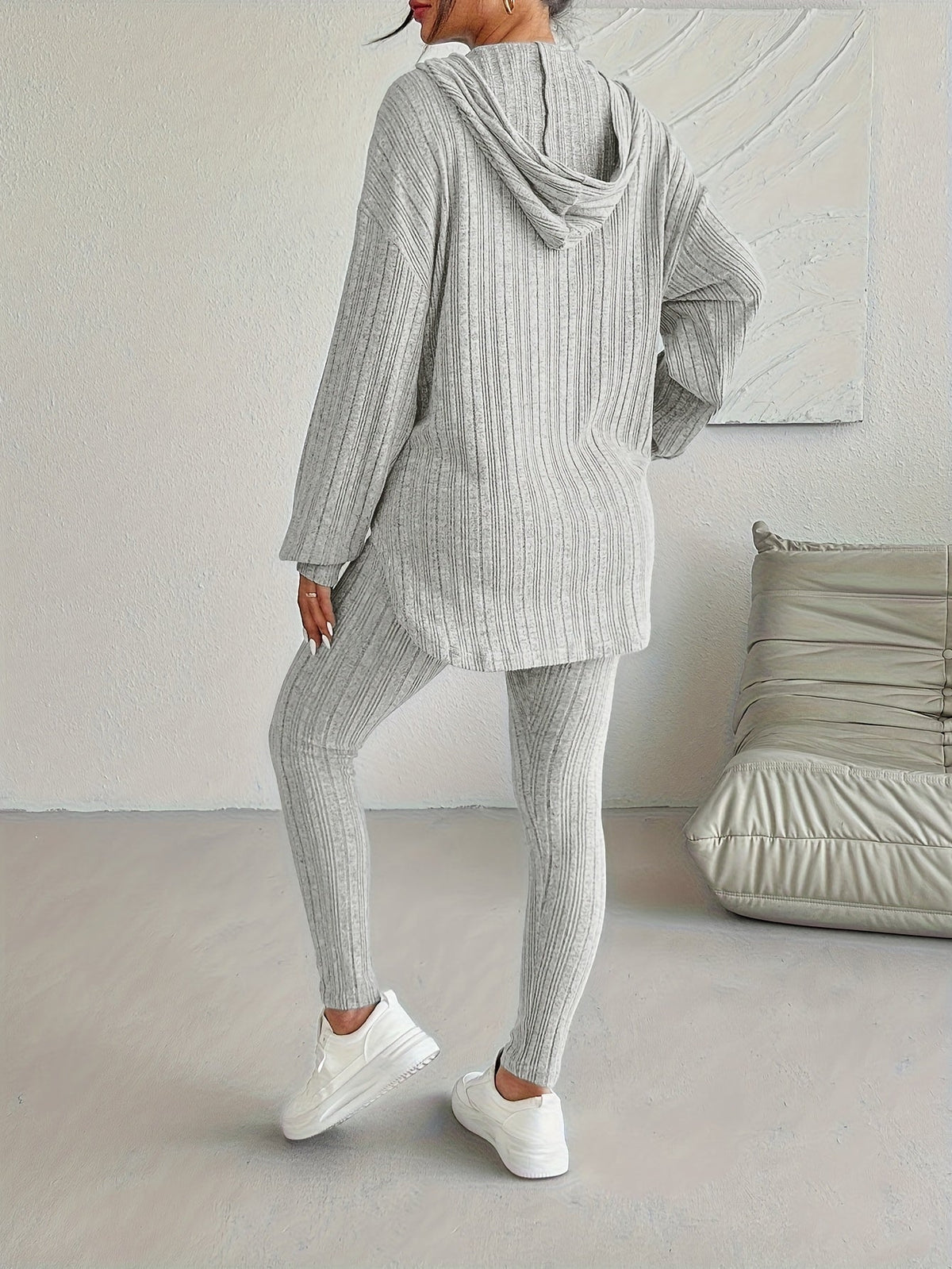 Ribbed knit lounge set with side slits on the hooded top, back view