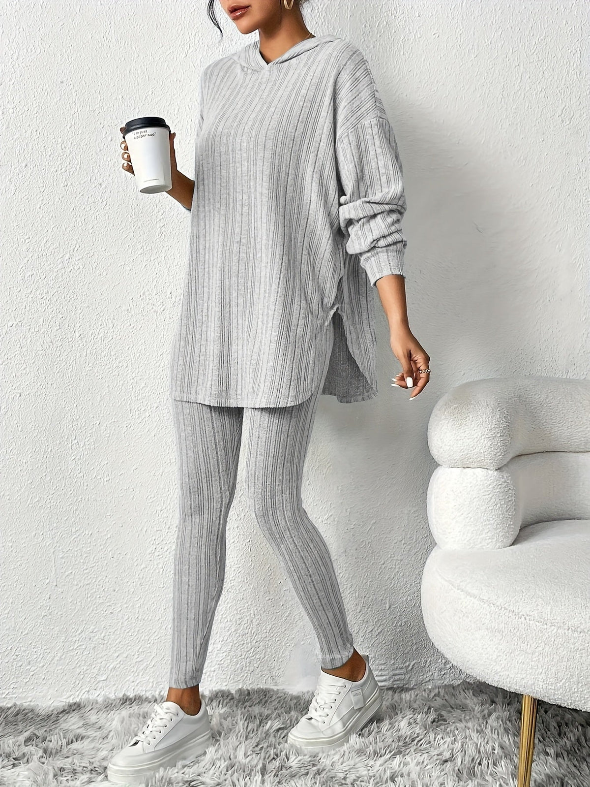 Gray ribbed knit lounge set with hooded top and leggings, front view