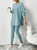Teal ribbed knit lounge set with hooded top and high-waisted leggings