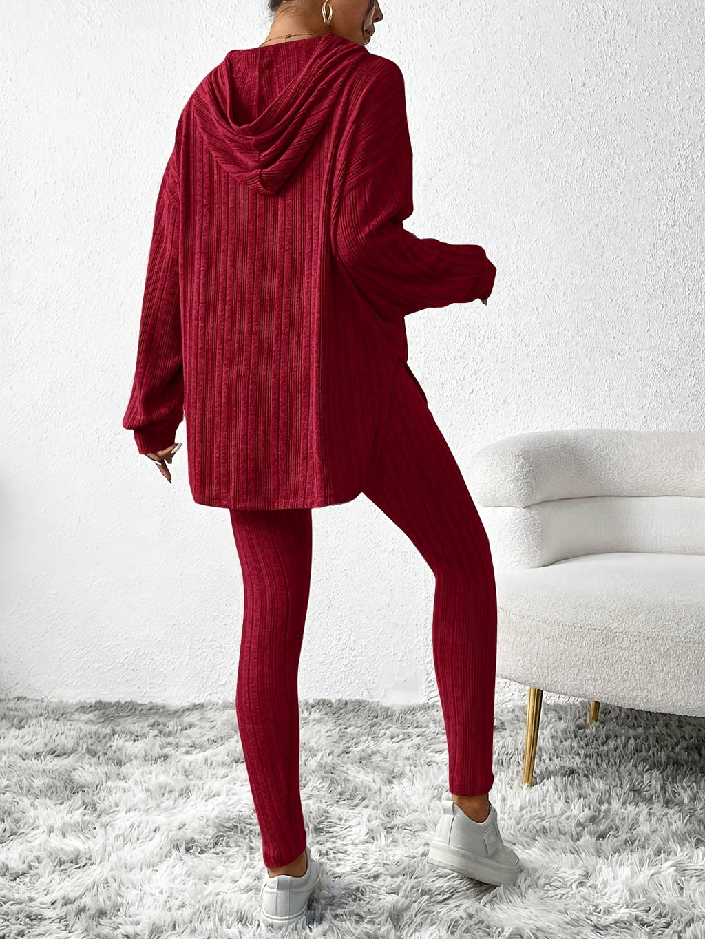 Ribbed knit lounge set with high-waisted fitted leggings, side view