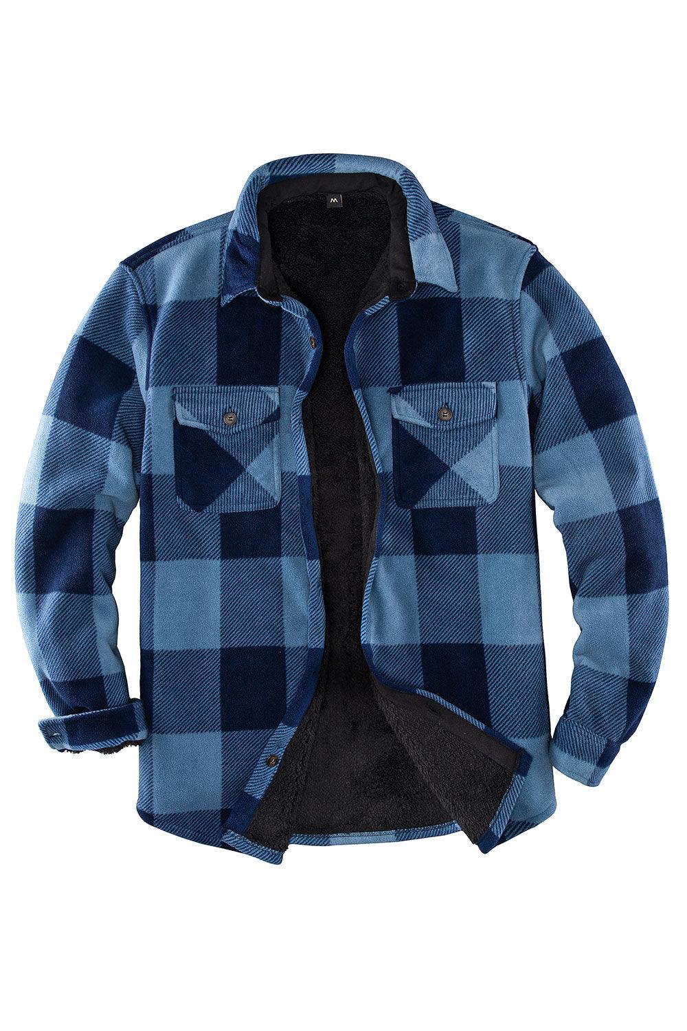 Plaid shirt jacket in Blue, sherpa-lined with four pockets and button front.