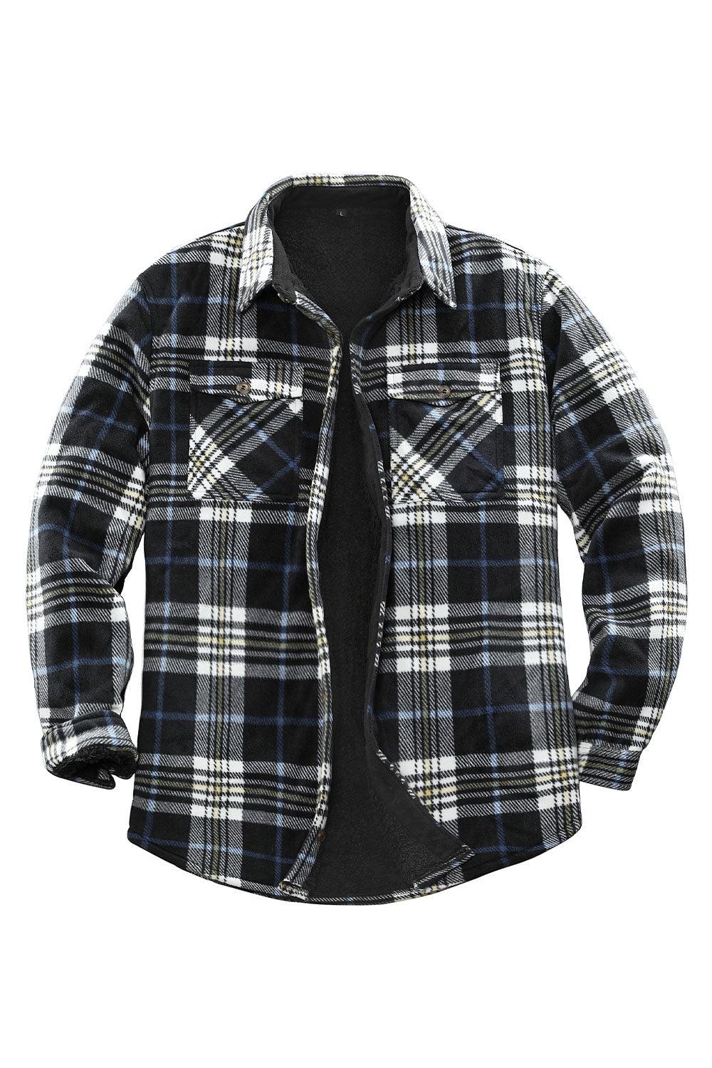 Plaid shirt jacket in Navy/Beige, sherpa-lined with four pockets and button front.