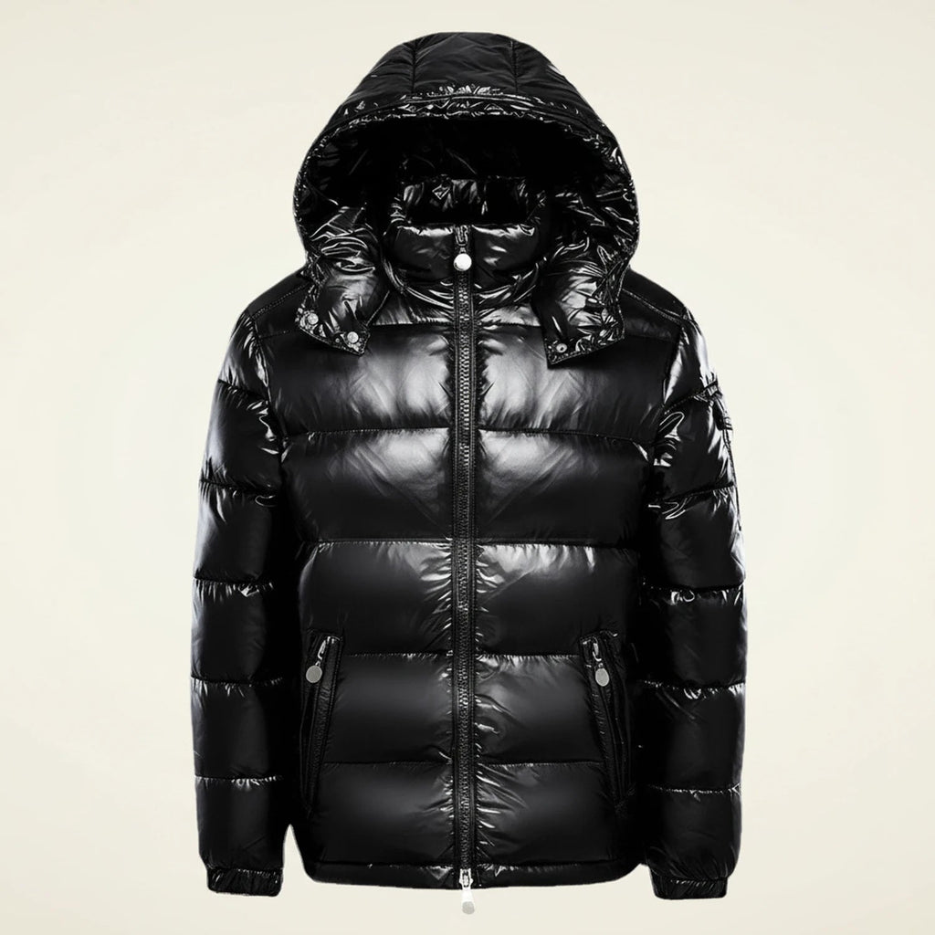 Glossy hooded quilted puffer jacket in black.