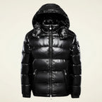 Glossy hooded quilted puffer jacket in black.