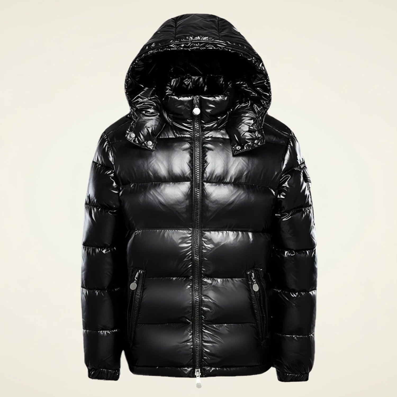 Glossy hooded quilted puffer jacket in black.