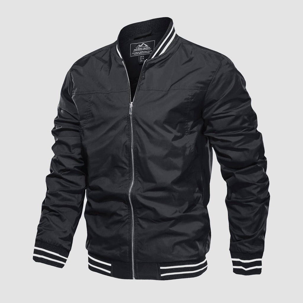 Lightweight bomber jacket windbreaker in light blue with rib-knit collar and full metal zip.
