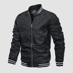 Lightweight bomber jacket windbreaker in light blue with rib-knit collar and full metal zip.