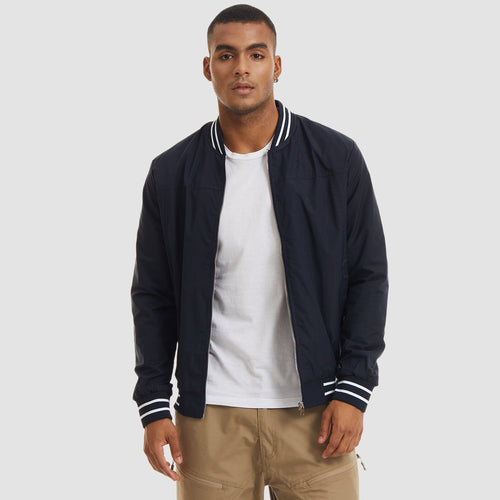Lightweight bomber jacket windbreaker in navy with rib-knit collar and full metal zip.