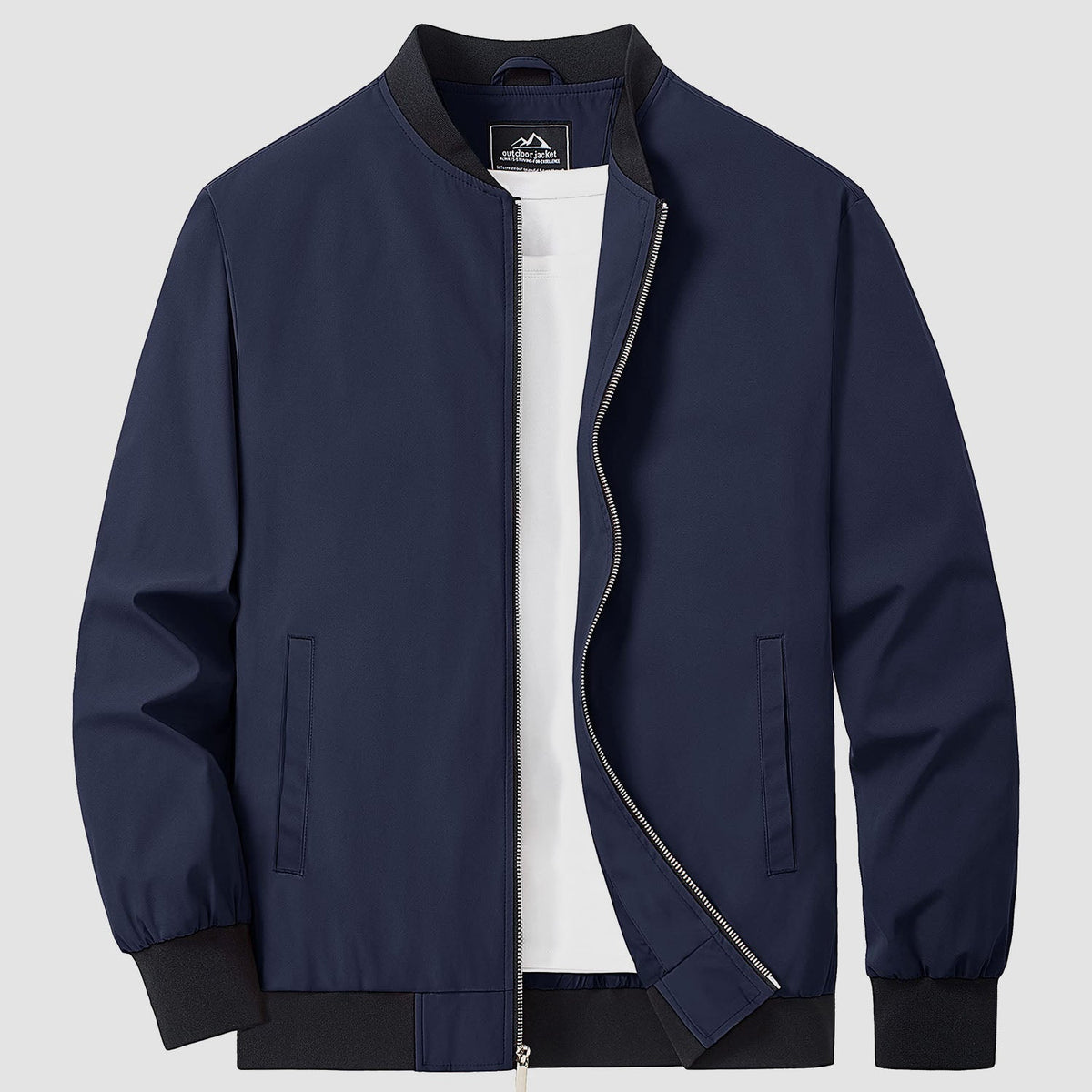 Bomber jacket windbreaker in Light Grey, ribbed collar and cuffs with full zip front.