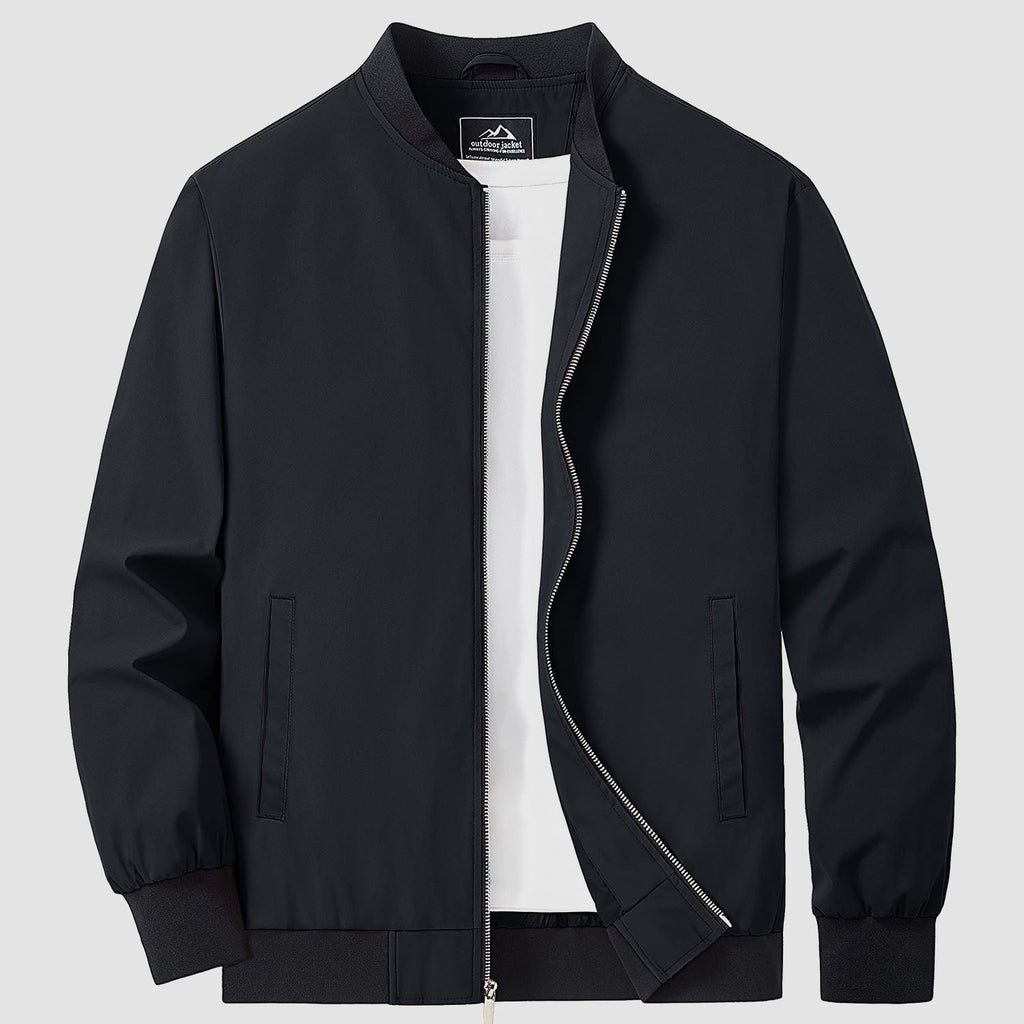 Bomber jacket windbreaker in Black, ribbed collar and cuffs with full zip front.