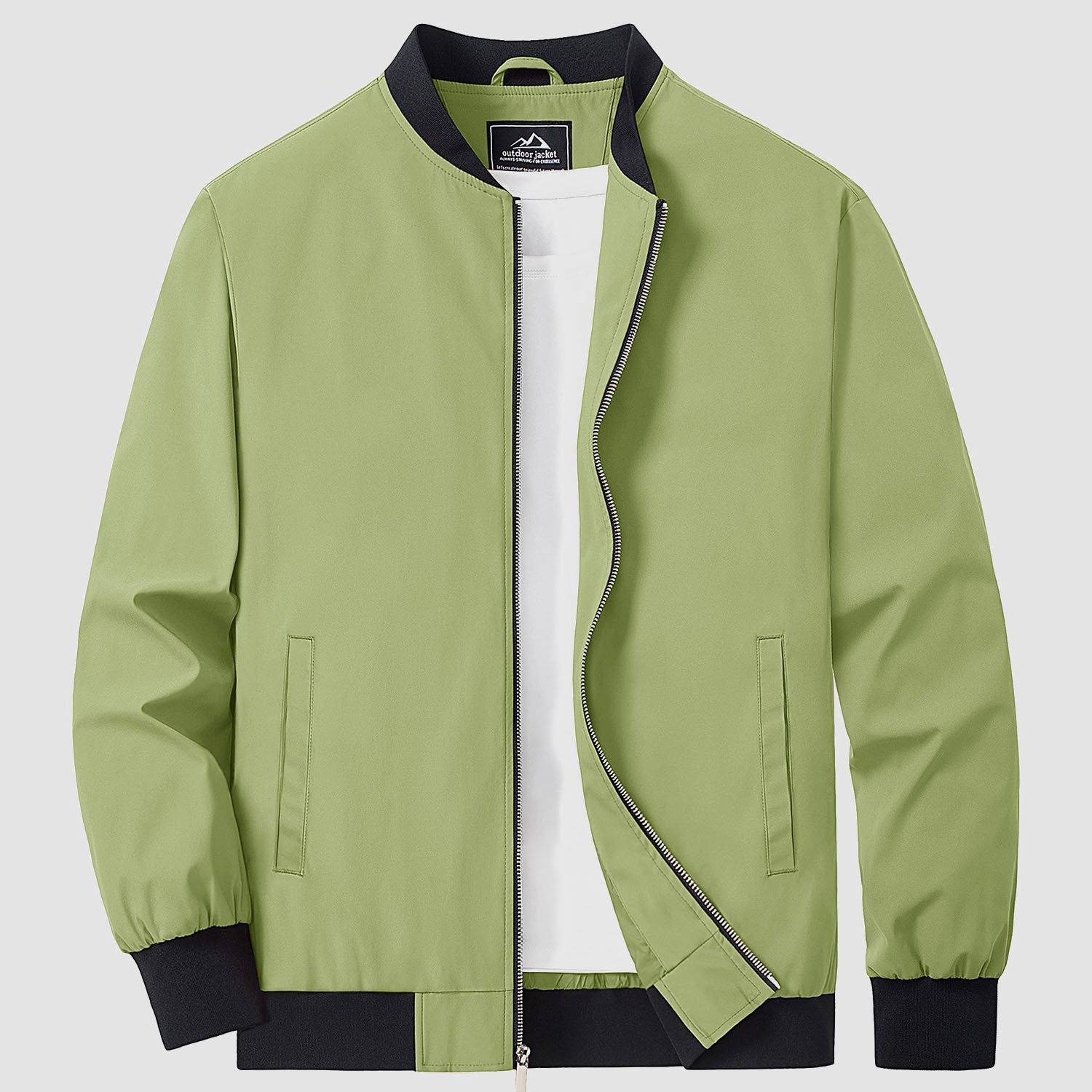 Bomber jacket windbreaker detail: zip front, side hand pockets and ribbed hem.