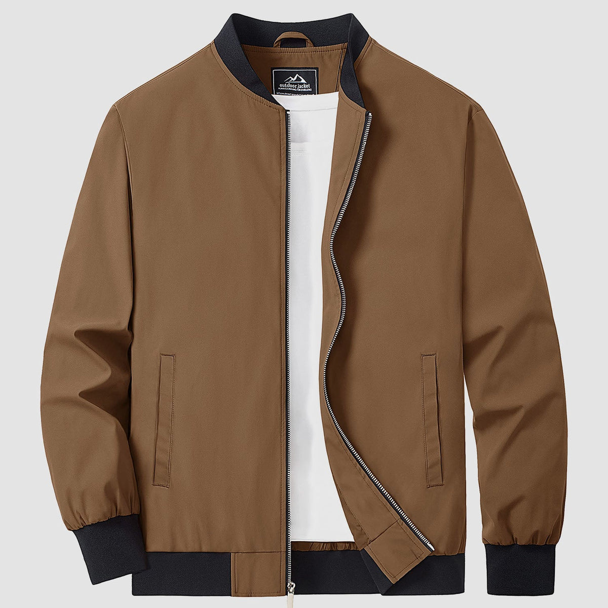 Bomber jacket windbreaker in Army Green, ribbed collar and cuffs with full zip front.