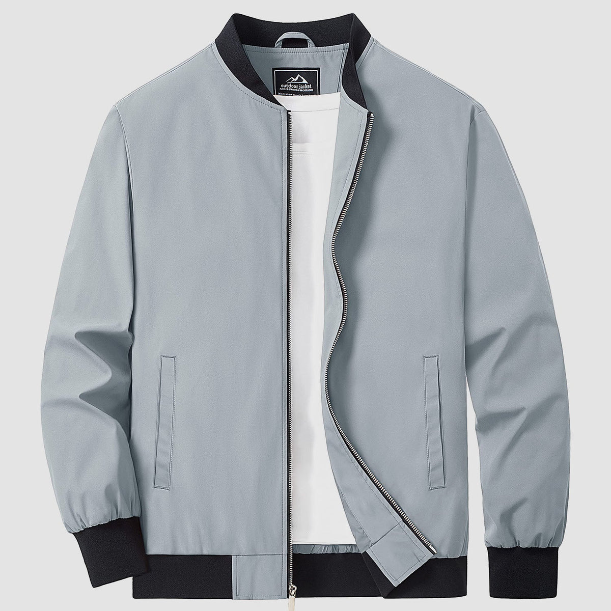 Bomber jacket windbreaker in White, ribbed collar and cuffs with full zip front.