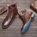 Brown lace-up boots with side zip, front view