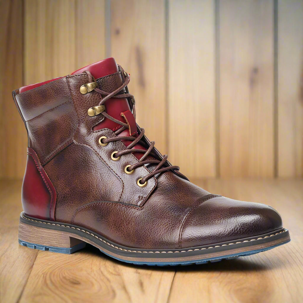 Brown zip and lace boots, back view of the heel and shaft